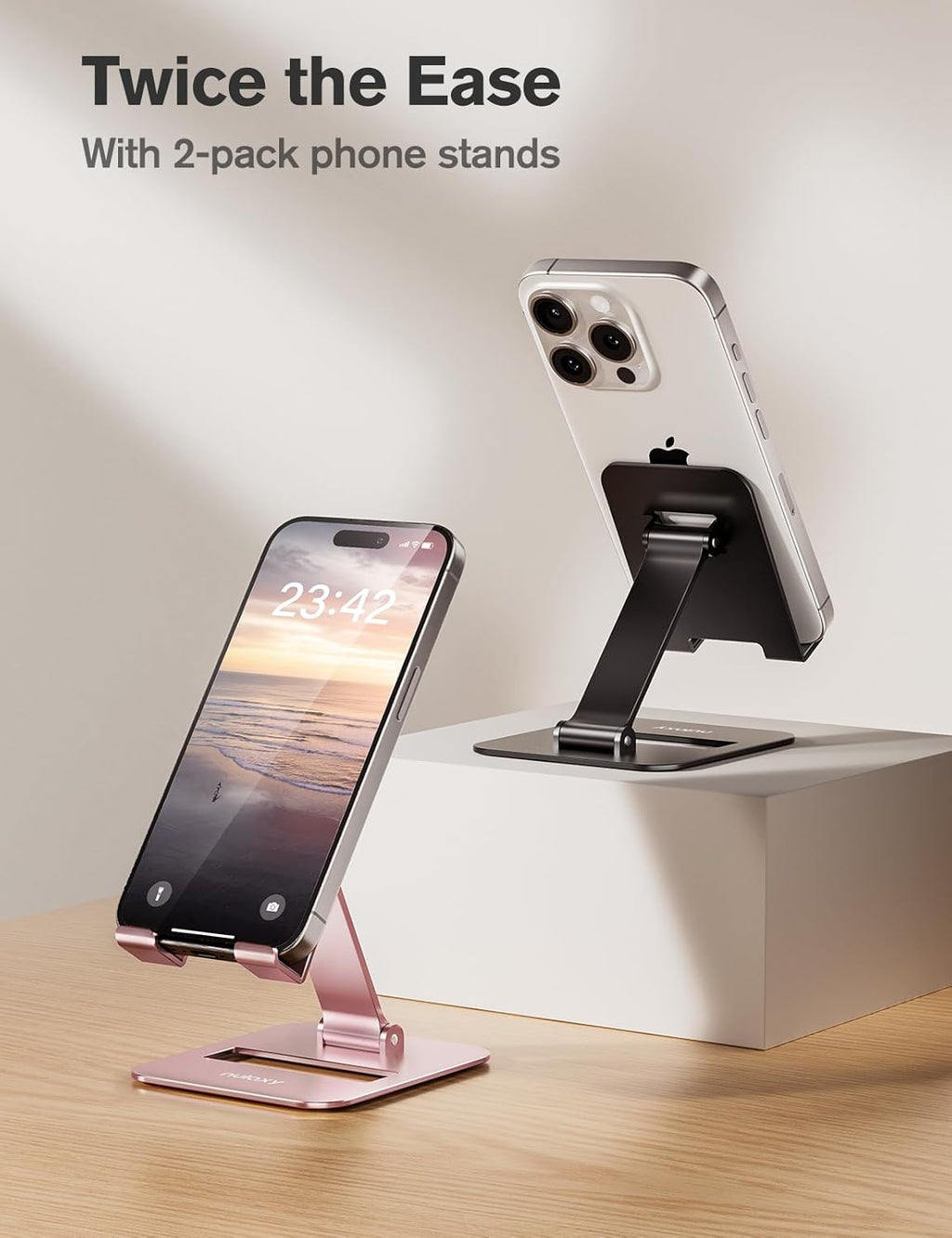 2 Pack Dual Folding Cell Phone Stand, Fully Adjustable Phone Holder for Desk, Compatible with iPhone 17 16 15 14 13 12 11, Nintendo Switch, All Phones, Black & Rose Gold