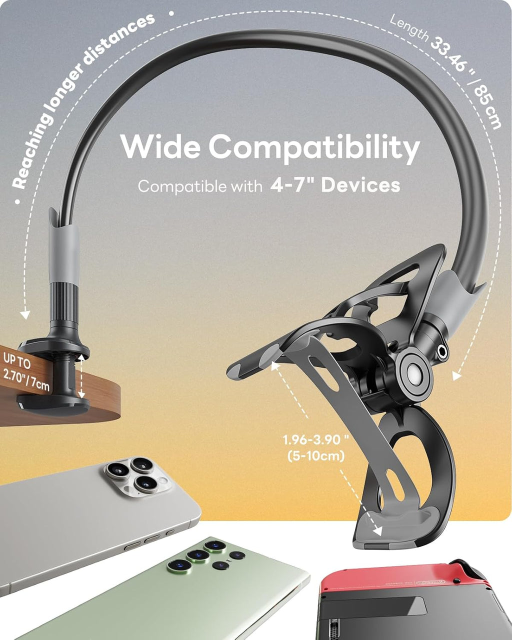 Gooseneck Bed Phone Holder, Flexible Long Arm Phone Mount for Desk, Clip Bracket Clamp Stand, iPhone Stand, Mobile Cell Phone Stand Document Camera Nintendo Switch