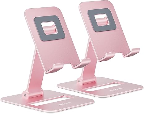 2 Pack Dual Folding Cell Phone Stand, Fully Adjustable Phone Holder for Desk, Compatible with iPhone 17 16 15 14 13 12 11, Nintendo Switch, All Phones, Black & Rose Gold