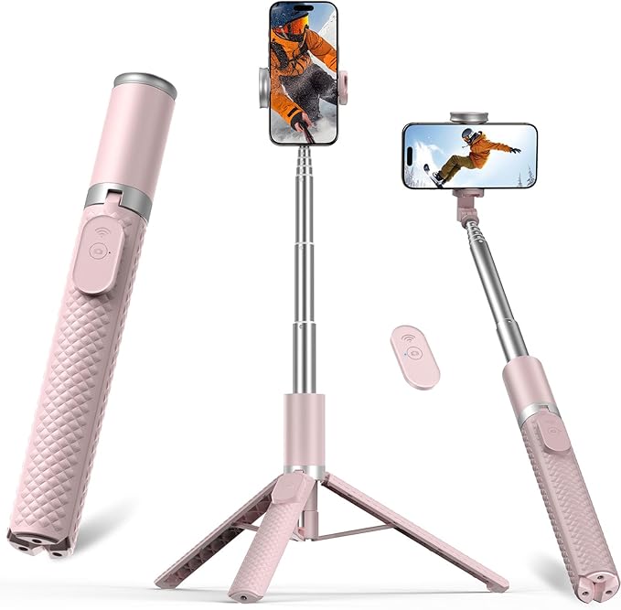 Phone Tripod & Selfie Stick with Remote, Portable, Lightweight for Video Recording Vlog, Extendable Travel Tripod Stand Compatible with iPhone Android, Black Grey Pink Purple White, 62"