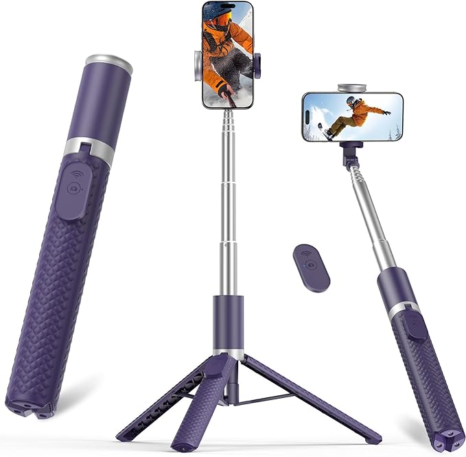 Phone Tripod & Selfie Stick with Remote, Portable, Lightweight for Video Recording Vlog, Extendable Travel Tripod Stand Compatible with iPhone Android, Black Grey Pink Purple White, 62"
