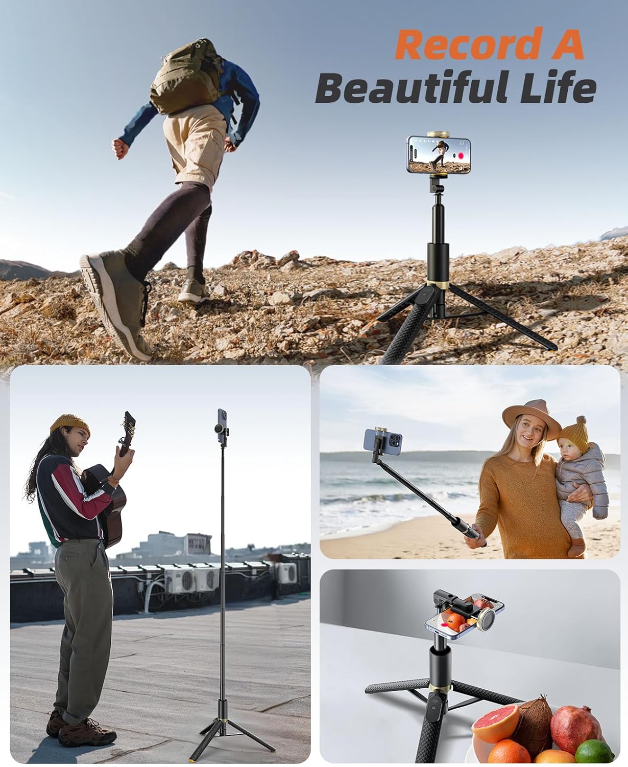Phone Tripod & Selfie Stick with Remote, Portable, Lightweight for Video Recording Vlog, Extendable Travel Tripod Stand Compatible with iPhone Android, Black Grey Pink Purple White, 62"